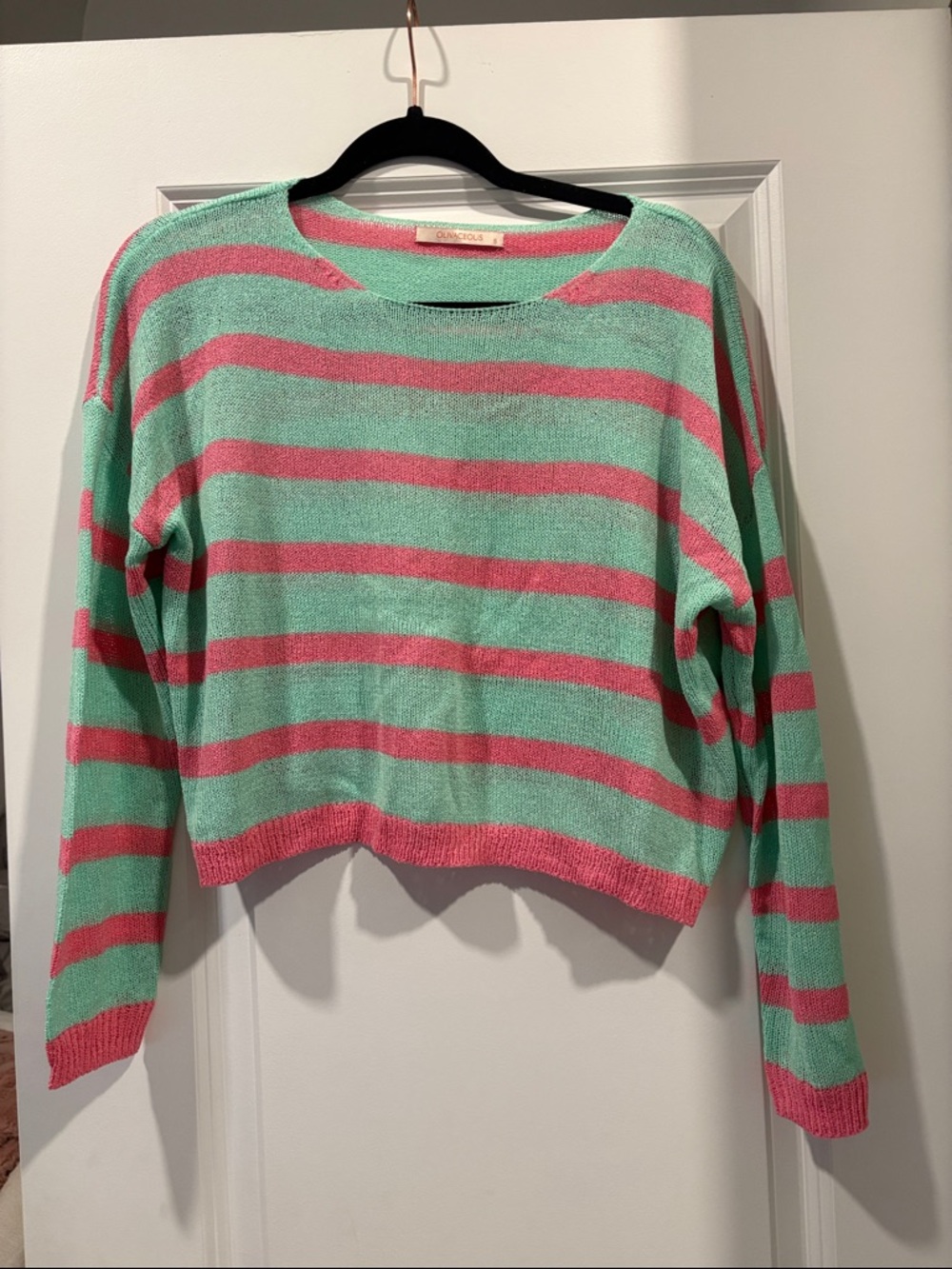 Olivaceous Mint and Pink Striped Crewneck Sweater